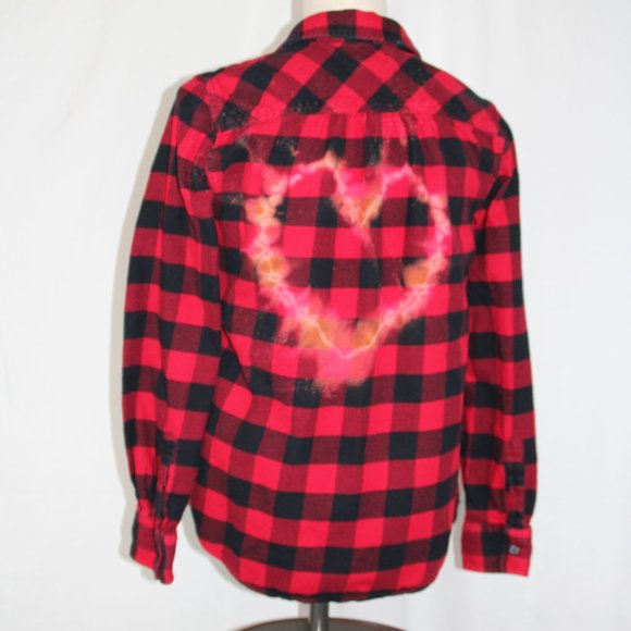 Upcycled women’s flannel heart Valentine’s Day distressed wearable art red plaid - Picture 1 of 6